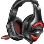 RUNMUS K1B PRO Gaming Headset with 7.1 surround sound, red LED lights, noise-canceling mic, and over-ear design for PC, PS4, Xbox.