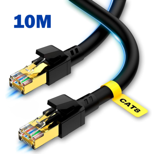 10 meter CAT 8 Ethernet Cable with gold-plated RJ45 connectors and shielded design for high-speed internet
